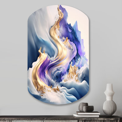 «Blue and Gold Splash Paint III - Abstract Spirals», art mural asymétrique en métal, impression d'art moderne en forme libre