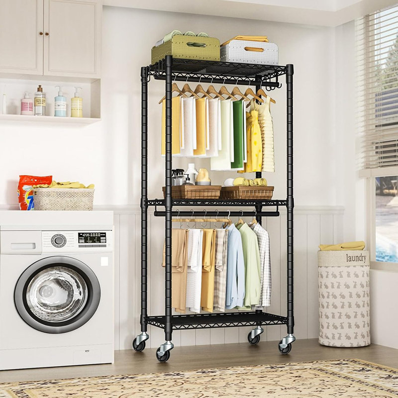Mini-portemanteau à roulettes, portemanteau à roulettes en métal noir robuste, organisateur de garde-robe portatif autoportant pour suspendre les vêtements
