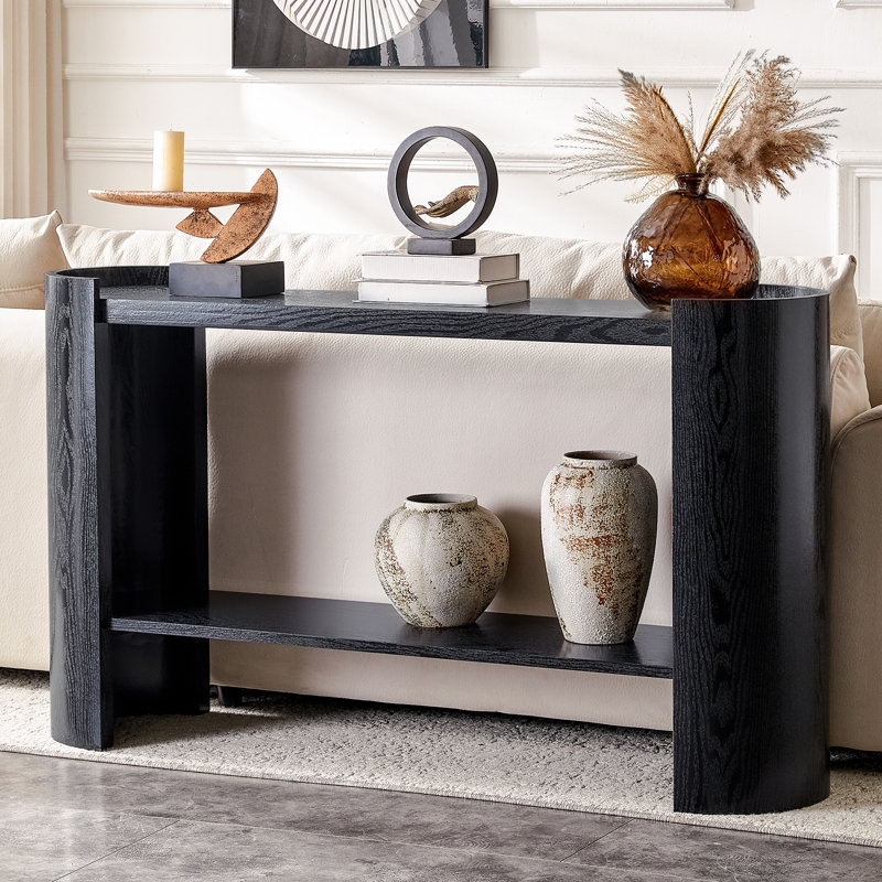 Console 53 po à double couche en grain de bois noir avec design incurvé - vestibule, table d'appoint ou de vestibule peu encombrante pour un décor moderne et minimaliste