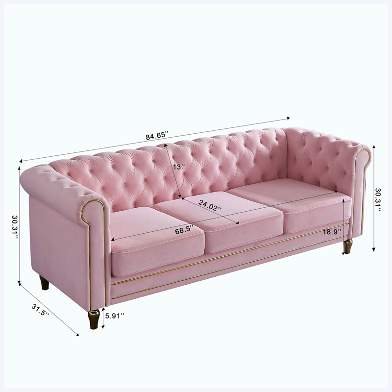Canapé Chesterfield en velours rose de 215 cm (84,65 pouces) pour salon