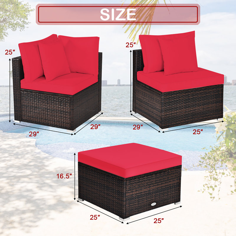 5 - Person Modular Patio Conversation Set with Cushions, Red