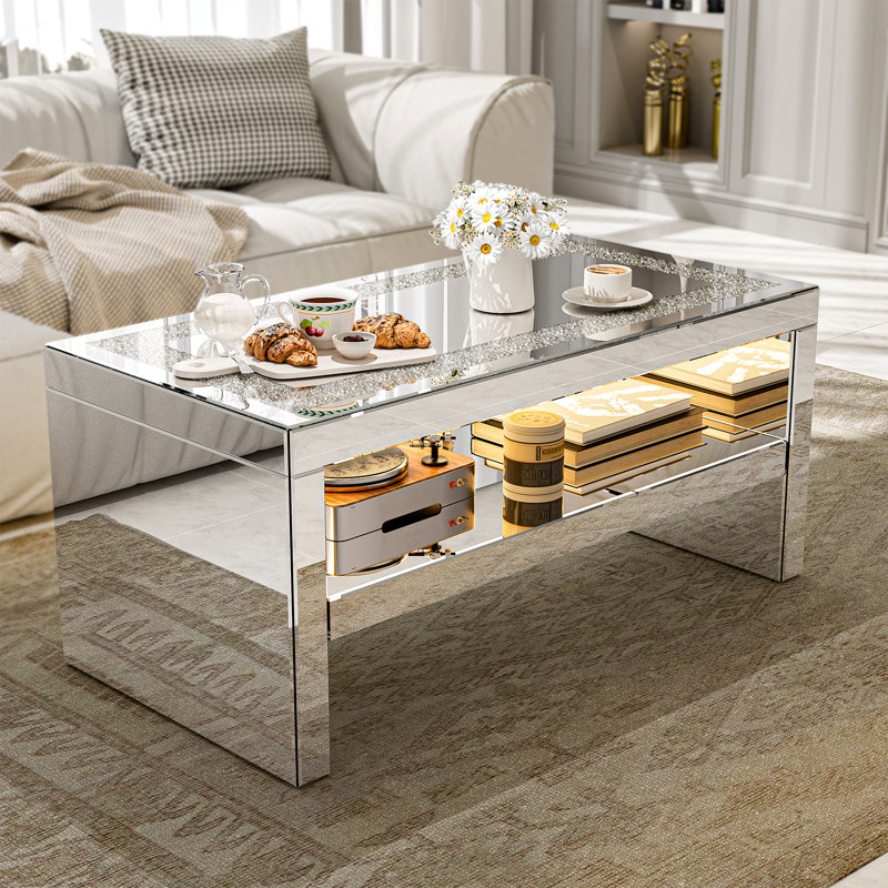 Mirrored Coffee Table With Mirror Crystal Board, Glass Rectangle End Table Coffee Tea Table With 2 Tier For Living Room Bedroom