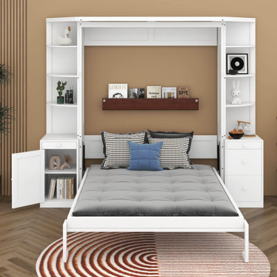 Queen Size Murphy Bed With Desk & Open Shelves & Cabinets, Wooden Foldable Hidden Wall Bed With Workstation & Drawers