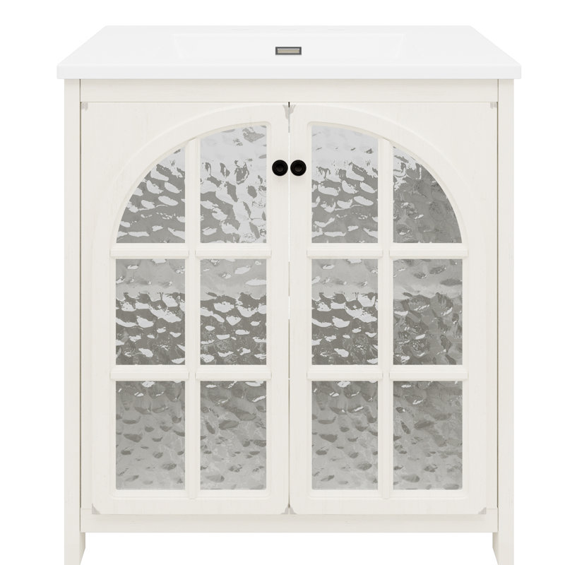 Meuble-lavabo de 31 po avec lavabo rectangulaire en céramique Wurster, poignées en bronze antique et portes pour un espace de rangement traditionnel de 31 po, portes et verre trempé épais