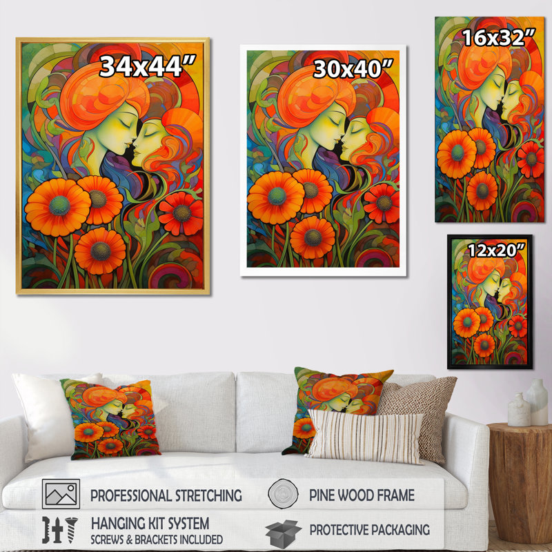 «Woman Portrait Blossoming Retro Red Poppies» sur impression sur toile, H 32 po x l 24 po x P 1 po, Cadre flottant noir