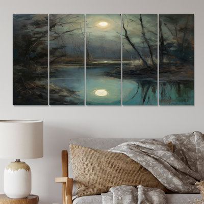Mystérieux coucher de soleil brumeux sur le lac Teal II - décoration murale Lakehouse - 5 panneaux égaux