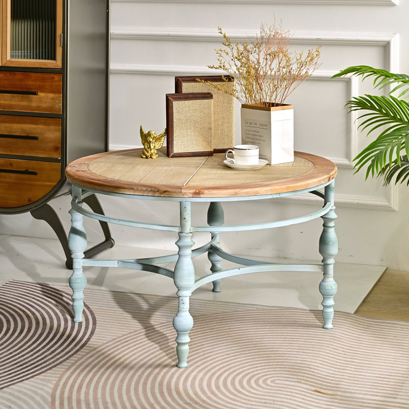 Table basse rustique FFZ de 32 po à montage facile, plateau rond en bois et pattes en métal