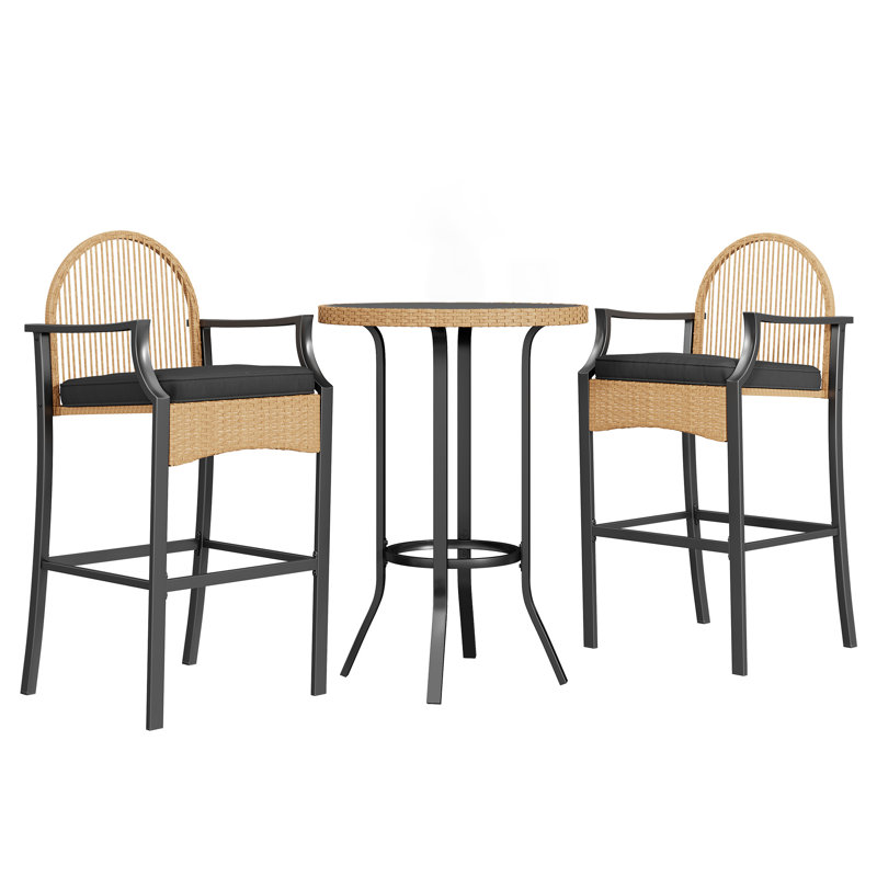  3-Piece Yellow Outdoor Wicker Bar Height Set With Cushioned Barstools Patio Bistro Furniture