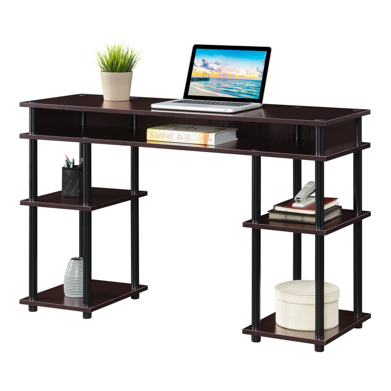 Edwin No Tools Writing Desk with Shelves, Espresso/Black Poles