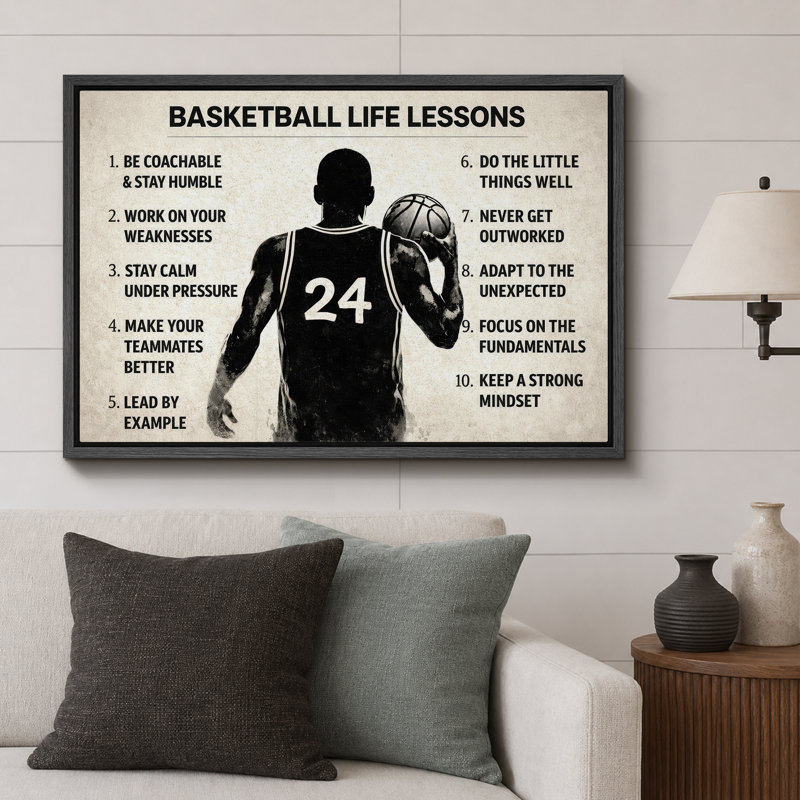 «Basketball Life Lessons Number 24», citation, impression sur toile encadrée, impression sur toile, Cadre noir