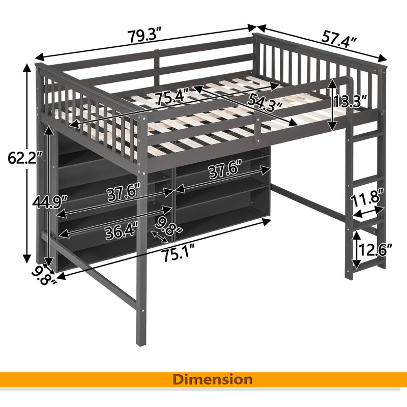 Loft Bed With 8 Open Storage Shelves And Built-In Ladder, Grey