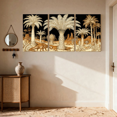 Scenic & Cityscapes Desert Landscape With Palm Trees And Dinosaurs Set of 3 Canvas Wall Art Prints
