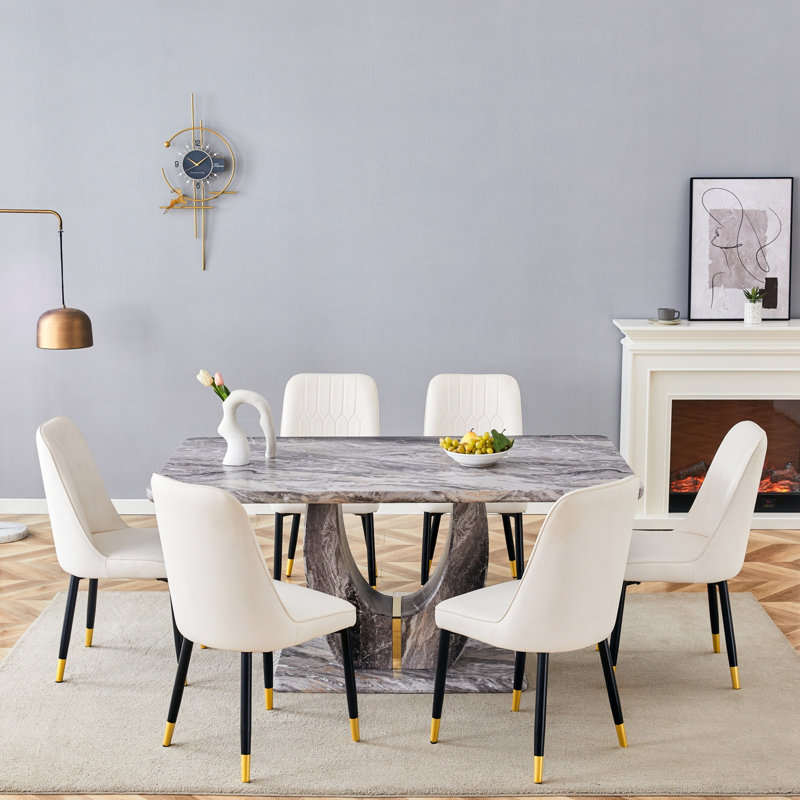 63" Modern Gray Dining Table Set With PU Leather Chairs, U-Shaped MDF Base, White, 7 Pieces: Table, 6 Chairs