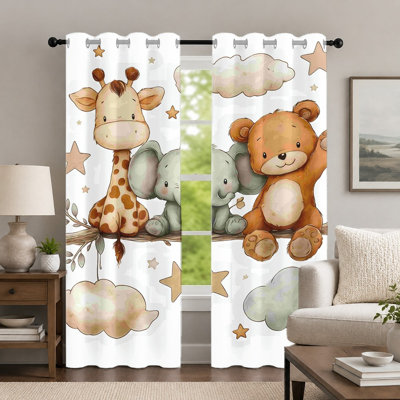 2 pièces de rideaux à motif animal mignon, dessin de girafe et d'éléphant, rideaux à œillets imprimés pour chambre de bébé, habillage de fenêtre pour chambre d'enfant, décoration de salle de jeux