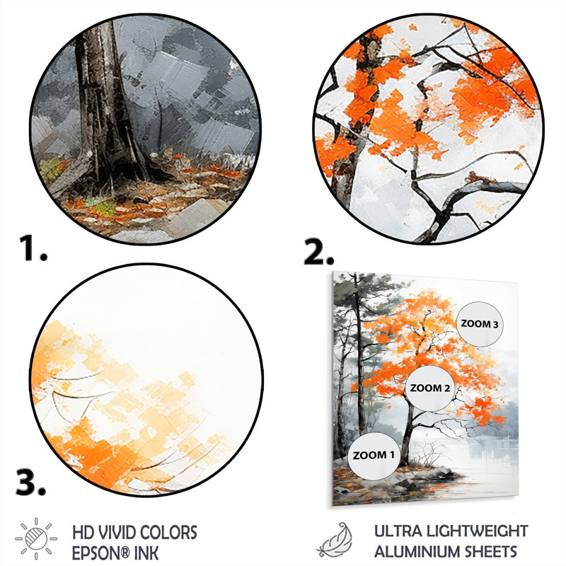 «Orange and Gray Forest Autumn Elegance I», reproduction d'art floral en métal, H 32 po x l 24 po