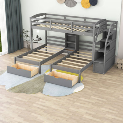 Fridi Twin Over Twin & Twin 3 Drawer L-Shaped Bunk Beds with Shelves