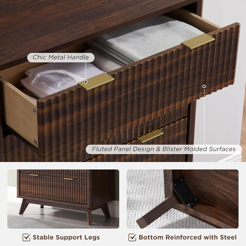 Siyuan Fluted Design 5-Drawers Dresser Organizer, Wood Tall Chest of Drawers, Dark Walnut