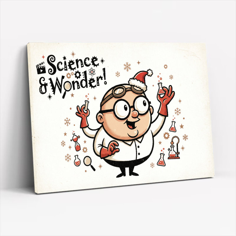 Ensemble de 1 tableau sur toile représentant un scientifique de dessin animé avec un bonnet de père Noël, intitulé « Science et émerveillement ».