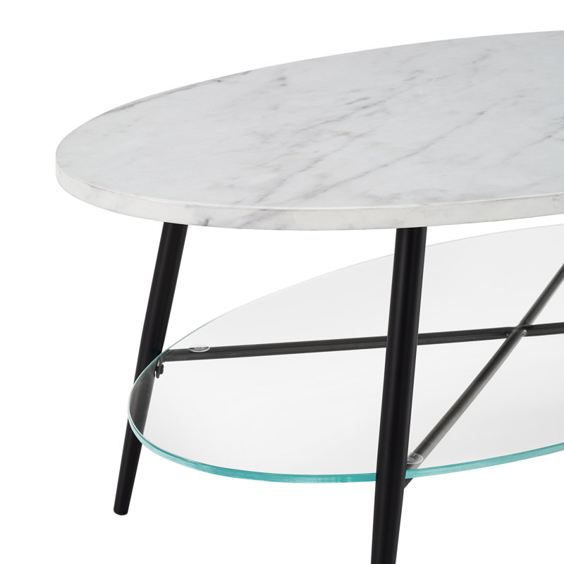 Table basse avec rangement Evenson, Faux marbre blanc, Noir