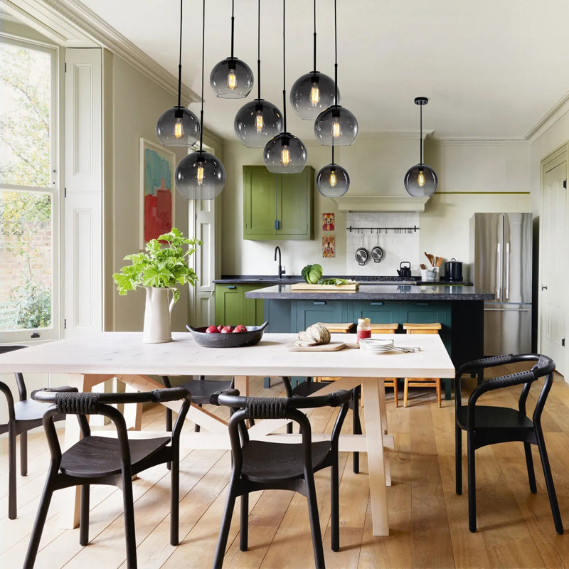7-light Gradient Glass Island Pendant, Matte Black, Gray