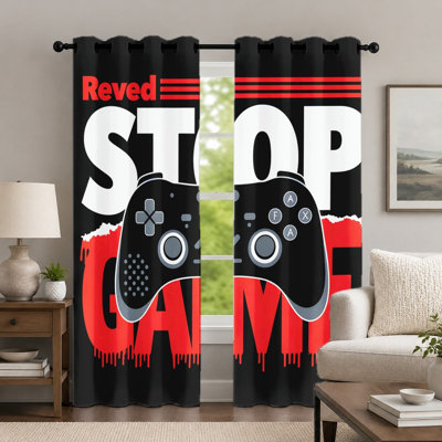 2Pcs Gaming Controller Pattern Curtains, Creative Letter Printed Theme Curtain, Modern Vibrant Graphic Art Grommet Drapes, Window Treatment for Bedroom Living Room Decor