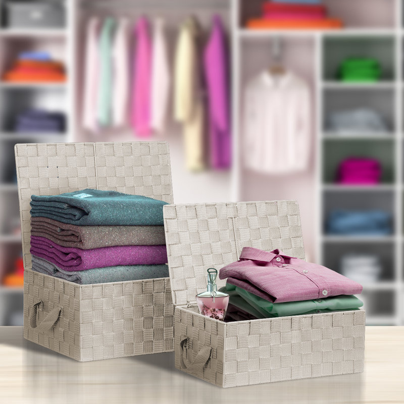 Beige Woven Fabric Storage Basket Set with Lids