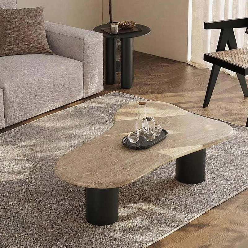 Mid-century Solid Wood Coffee Table, Black, Beige