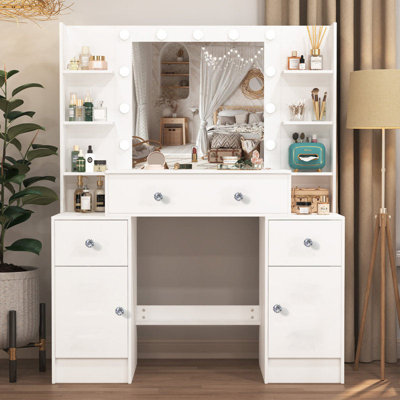 Bureau de maquillage avec grand miroir lumineux, 3 tiroirs, 2 armoires, 6 tablettes, commode pour fille