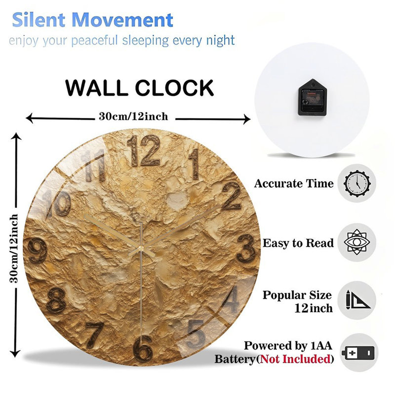 Horloge murale à texture dorée, horloge murale moderne en verre 12 po