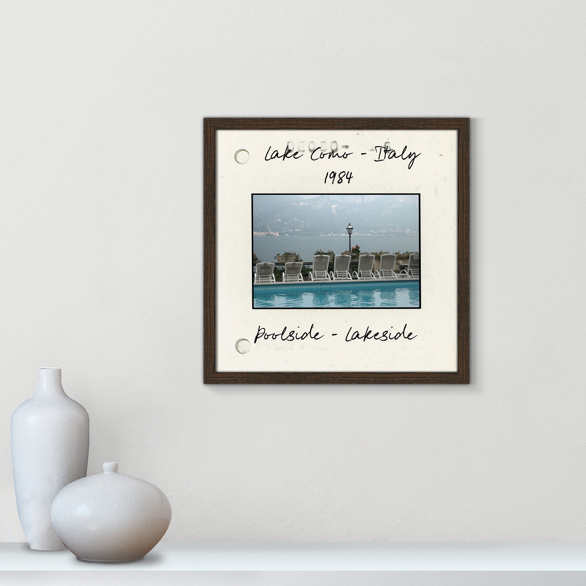 Lake Como, Italy - Poolside Lakeside Print by Danita Delmont, 17" H x 17" W x 0.75" D, Walnut Single Picture Framed Paper
