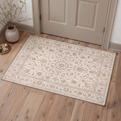 Paillasson oriental traditionnel ivoire/beige performant à poils courts, lavable et antidérapant