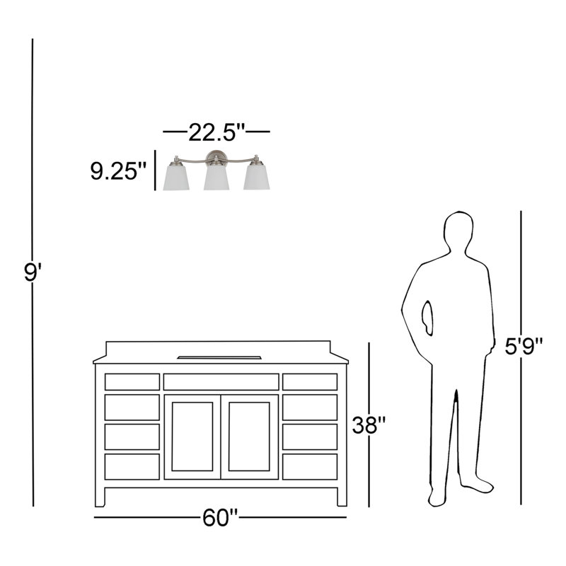Éclairage pour meuble-lavabo 3 lumières à intensité réglable Wyatt, Nickel poli brossé, Martelée transparente