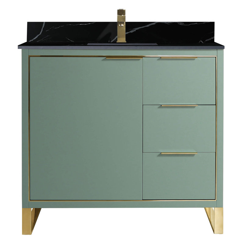 Meuble-lavabo sur pied simple 36 po avec plateau en pierre Gesel, Vert menthe, Laiton satiné, Noir