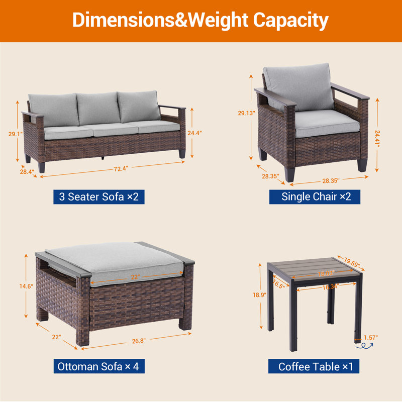 Sofa & Ottomans PE  Rattan Patio Sofa 9 Pieces Set With Side Table and Sturdy Frame, Leaden Grey