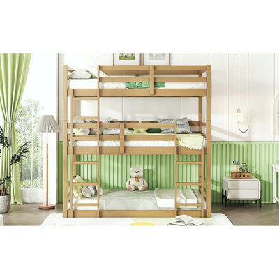 Triple Rubber Wood Bunk Bed With Two Built-In Ladders, Guardrails, Twin Over Twin Over Twin, Detachable Triple Twin Bunk Bed