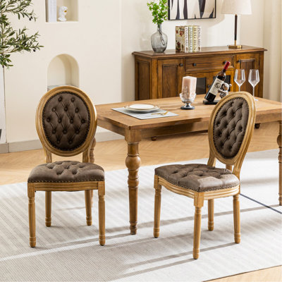 Cadre en bois massif, peinture antique, décoration de salle à manger en cuir artificiel avec boucle cloutée à la main, pieds en bois, mousse à densité, ressort intérieur en acier, ensemble de 2, brun