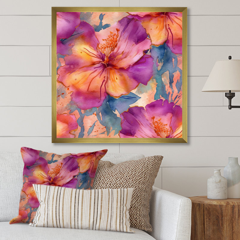 Impression d'hibiscus mauve et orange sur bois, H 15 po x l 15 po x P 0,78 po