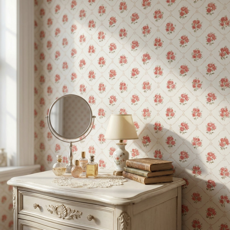 Papier peint floral rétro damas rouge, Non tissé, non collé
