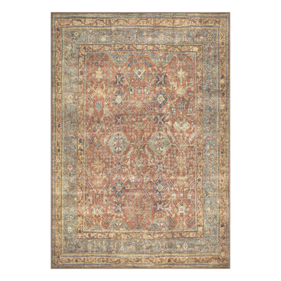 Machine Washable Non-Slip - Terracotta / Mustard Traditional Rug