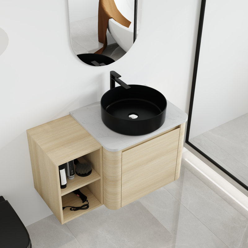 Ensemble de meuble-lavabo simple 36 po avec lavabo en céramique et tablettes de rangement Greythor, ensemble de meuble-lavabo simple 36 po avec plateau en pierre reconstituée