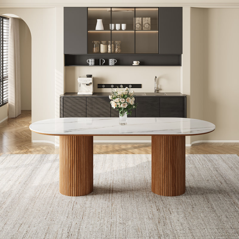 70.8'' Modern Faux Marble Dining Table, Oval Kitchen Table With  Stylish Dual - Pillar Design, Perfect For Home Dining & Gathering