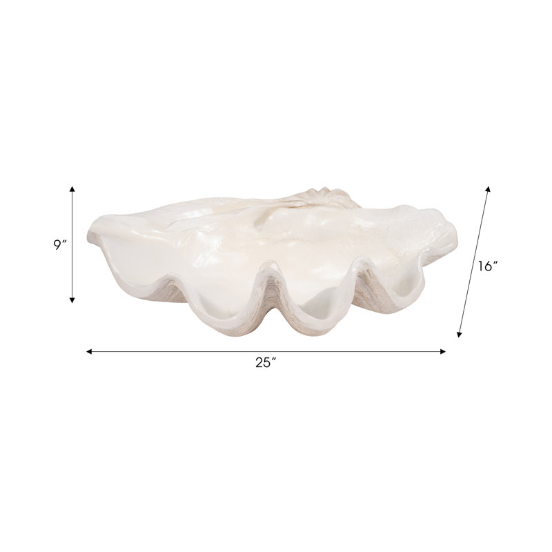 Bequette Resin Polyresin Coastal Decorative Clam Shell Bowl with Sculptural Wavy Rim - Elegant Modern Accent Bowl for Display or Storage - Stylish Textured Centerpiece for Home Decor