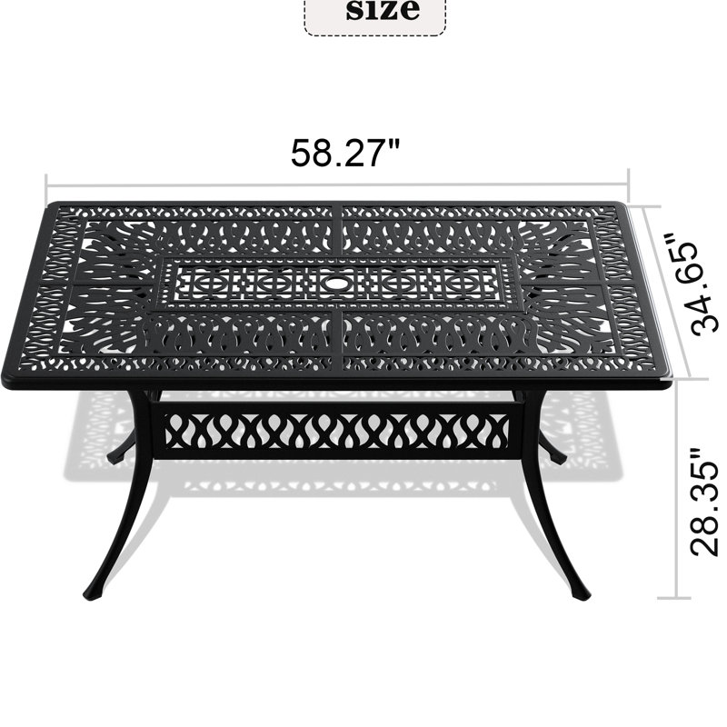 Table de patio en aluminium coulé avec cadre noir, 57,3 po x 33,99 po, ouverture de parasol, 6 tables d'extérieur de 57,3 po x 33,99 po avec structure, trou, espace pour 6 convives