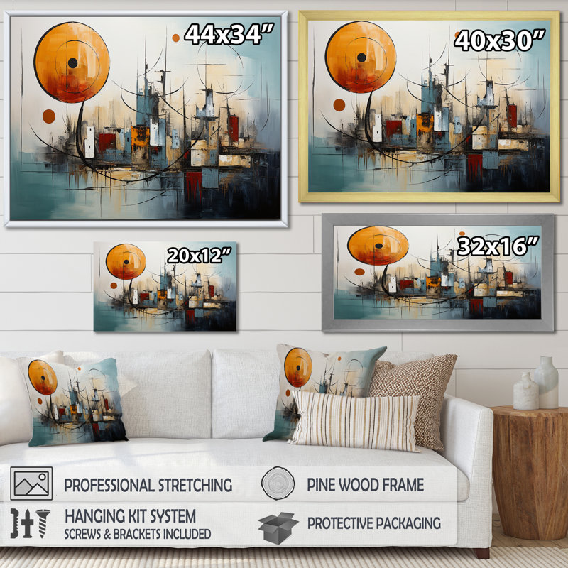 Abstrait bleu sarcelle et géométrie dorée paysage urbain I - Art mural abstrait, Toile tendue, H 24 po x l 32 po x P 1 po