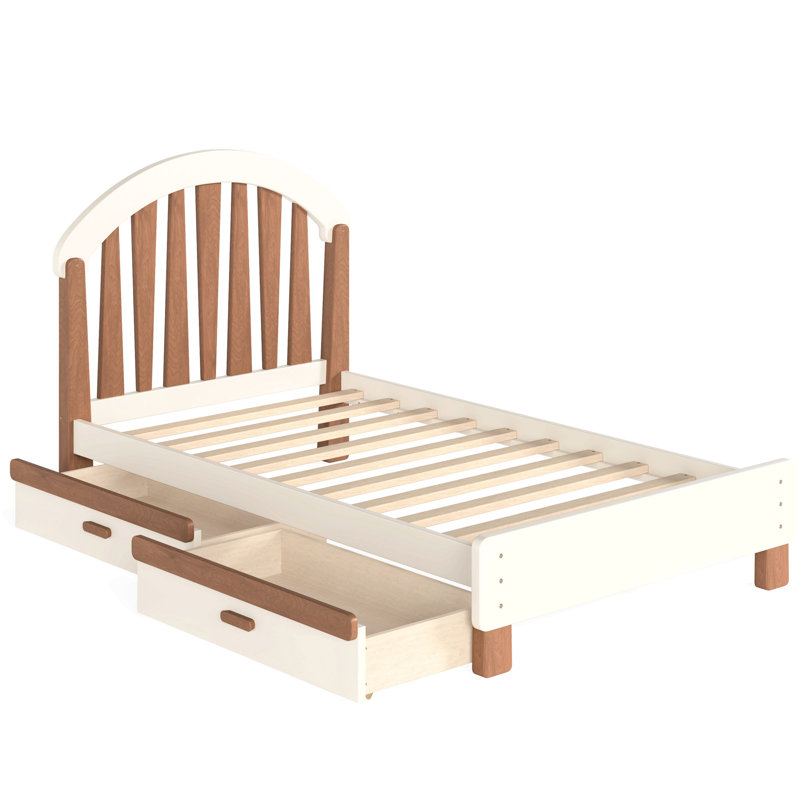 Lit plateforme simple avec tiroir de rangement, structure de lit simple en bois avec tête de lit ronde, aucun sommier nécessaire, beige et naturel profond