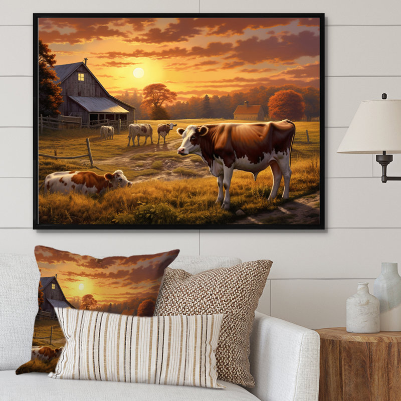 Vaches à la ferme, paysage III - vache, art mural, 34" H x 44" W, Cadre flottant noir