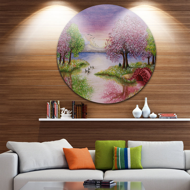 Lac romantique en rose et vert - impression d'art graphique, H 36 po x l 36 po x P 1 po, Métal