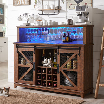 Gruber Farmhouse 55"W Wine Coffee Bar Cabinet With LED Lights, Sliding Barn Door, Wine & Glass Rack