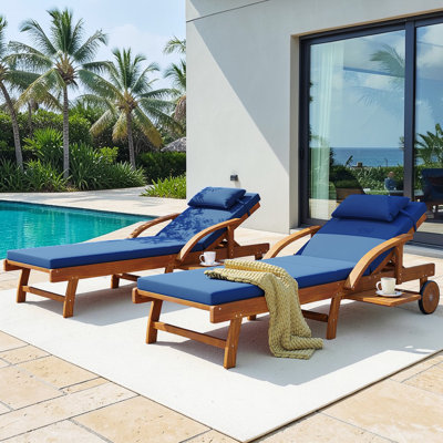 Outdoor Chaise Lounge Set Of 2, Adjustable Backrest And Footrest, Solid Wood, Curved Armrests, Contemporary, Poolside Patio
