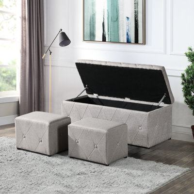 Rangement rectangulaire avec 2 repose-pieds en lin beige rembourrage en éponge confortable de style moderne, idéal pour la chambre à coucher, le salon, le balcon et l'espace